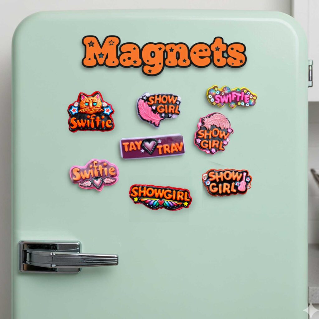 Collection of handmade polymer clay magnets by Jeanette Meyer displayed on a retro mint-green fridge. Designs include Swiftie lettering with hearts and cats, and Showgirl lettering with feathers, guitars, and rainbow accents from the Showgirl Collection.
