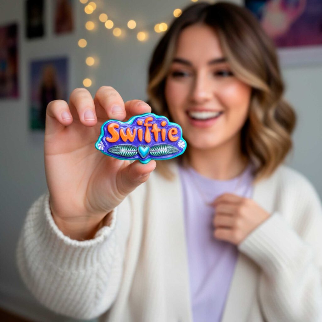 Young woman smiling and holding a handmade polymer clay Swiftie pin from Jeanette Meyer’s Showgirl Collection. The pin features bold orange lettering, a blue heart, and green leaf accents, shown clearly in the foreground with fairy lights blurred in the background.