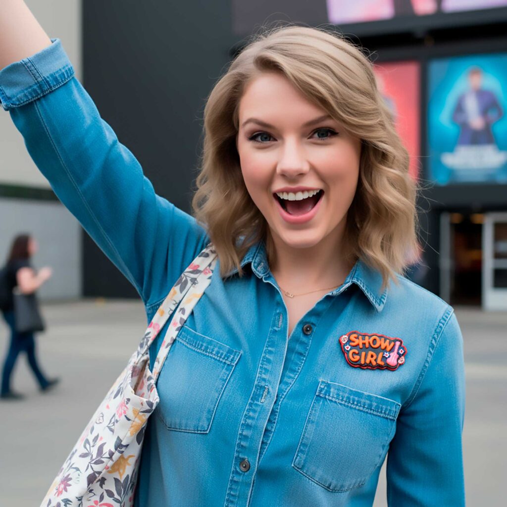 Young woman in a denim shirt placing a handmade Showgirl magnet onto a retro turquoise fridge. She is also wearing another Showgirl pin on her shirt, surrounded by other colorful polymer clay designs from Jeanette Meyer’s Showgirl Collection.